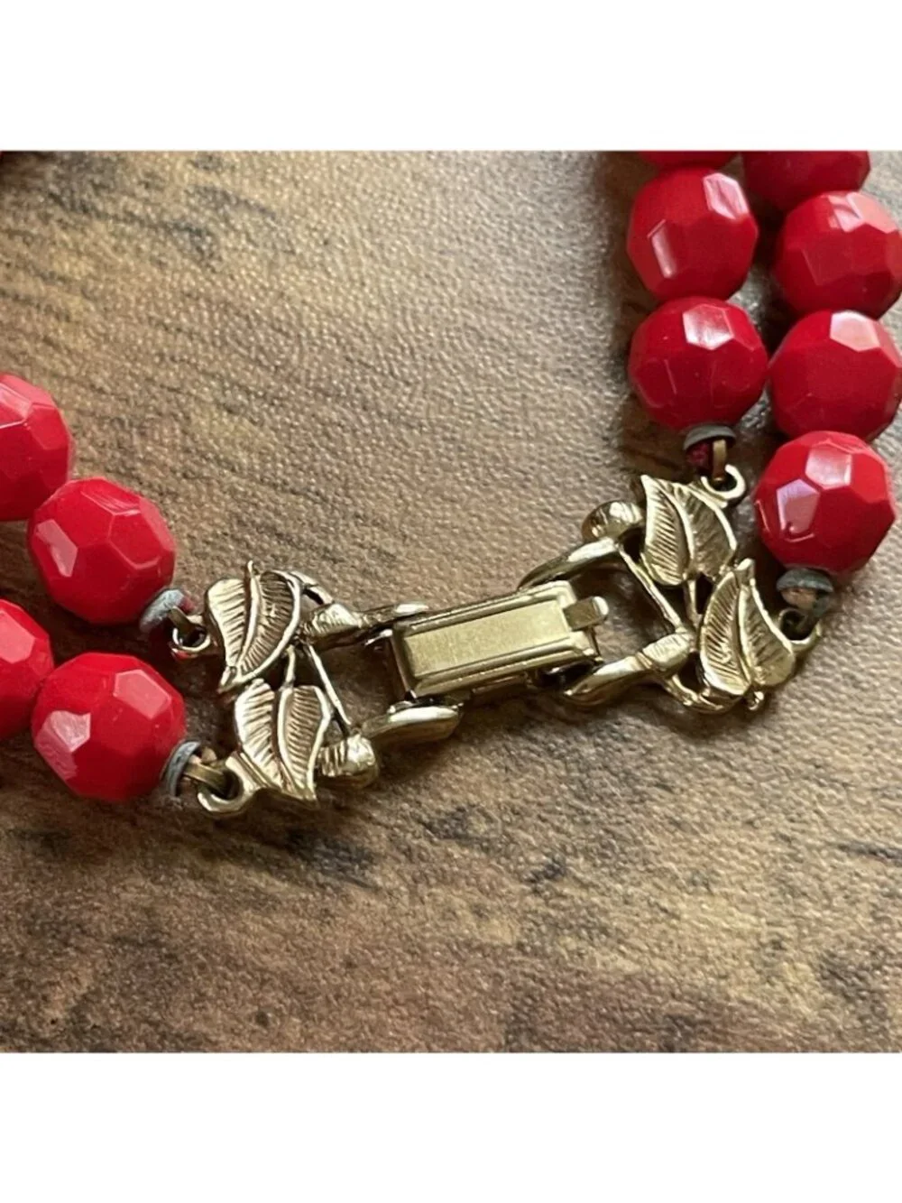 Vintage Red Beaded Double Strand Bracelet Faceted Glass Gold Tone Leaf Clasp